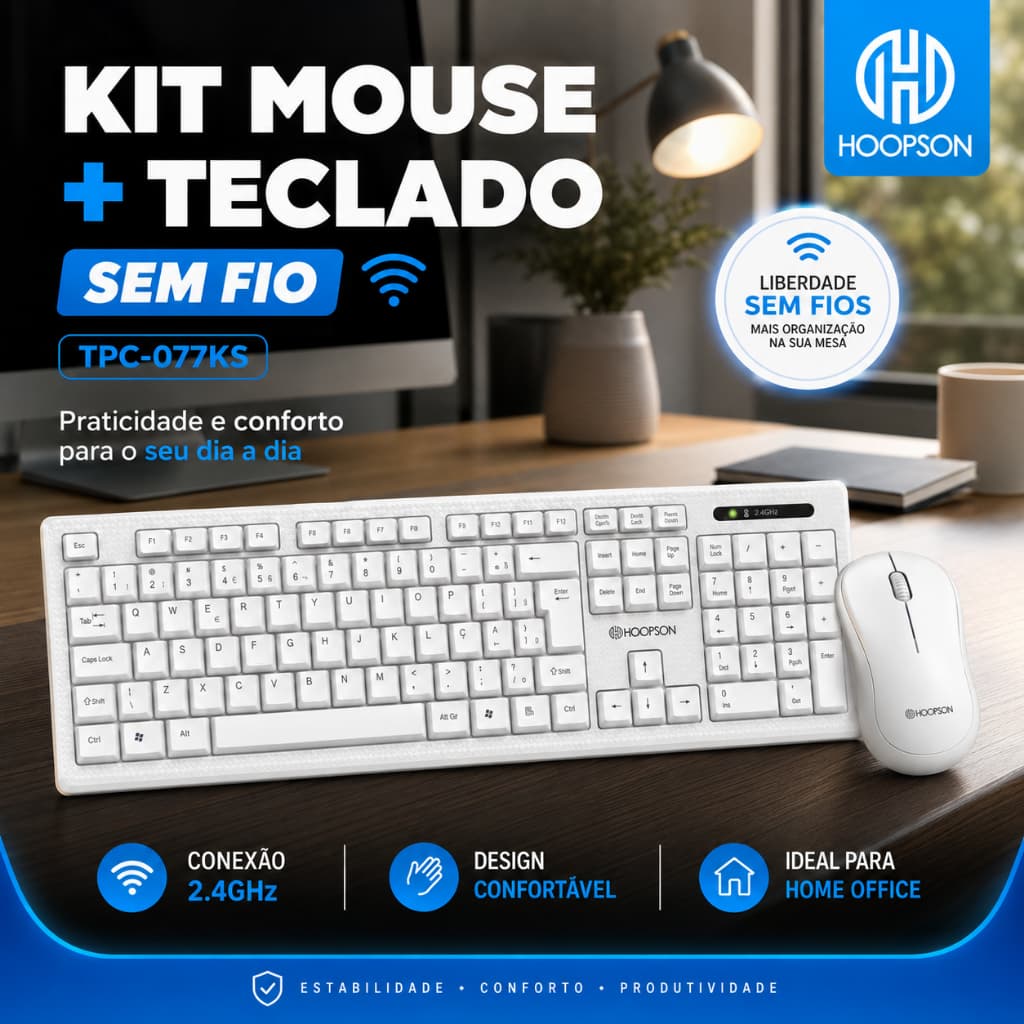 Kit Teclado e Mouse Sem Fio 2.4GHz Branco USB Plug & Play p/ PC Notebook Smart TV Alta Precisão