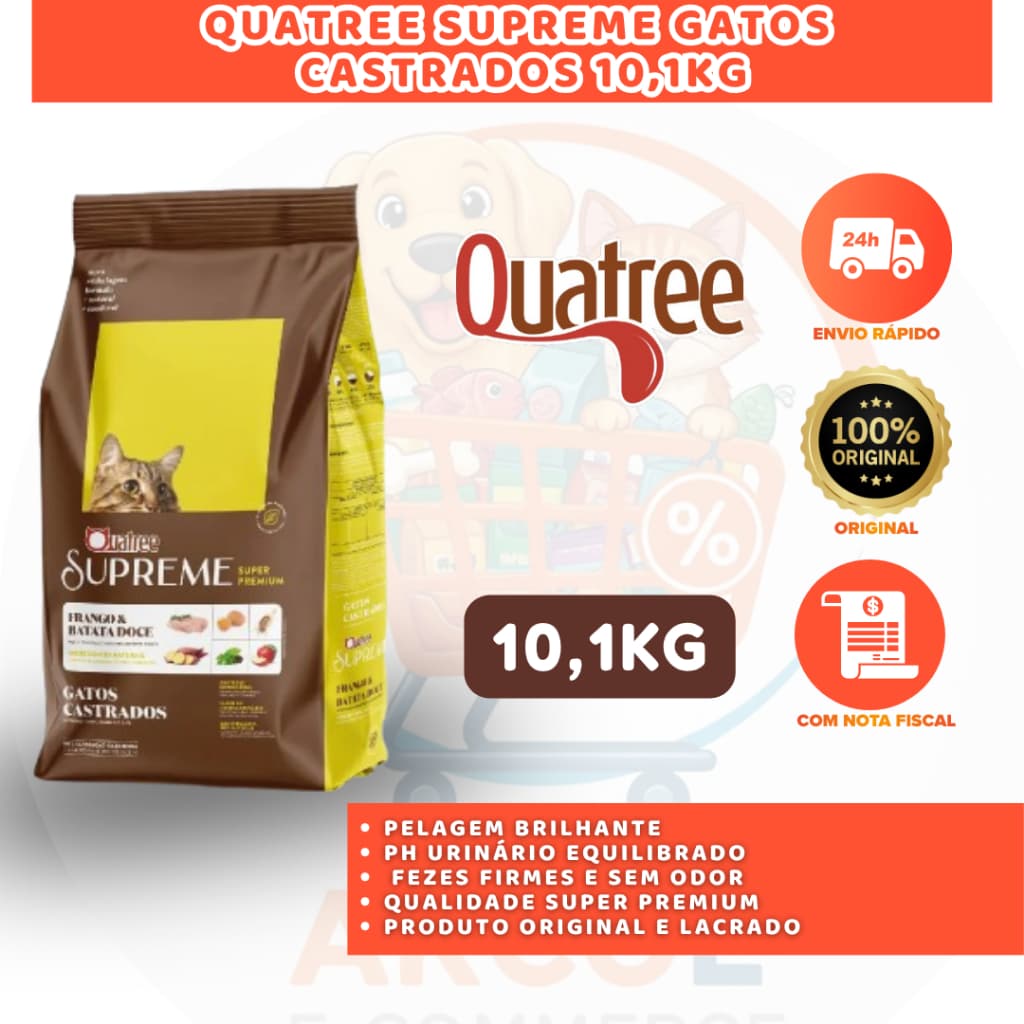QUATREE SUPREME GATOS CASTRADOS FRANGO E BATATA DOCE 10,1KG NUTRIÇÃO COMPLETA