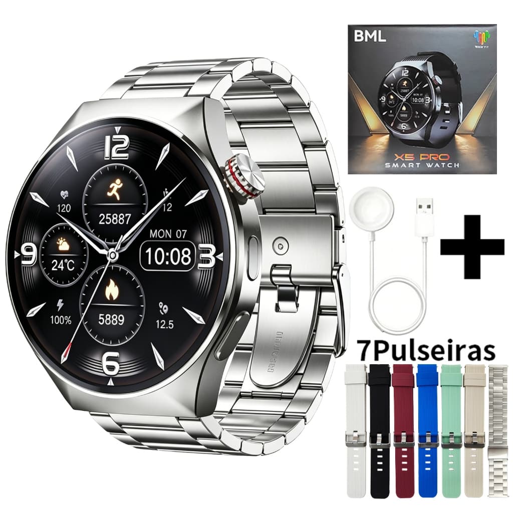 Smartwatch X5 Pro Relógio Inteligente 2,04"  Redondo AMOLED GPS NFC ChatGPT Bluetooth Chamada IP67 Notificações de mensa