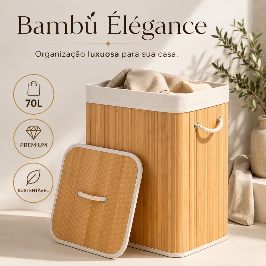 Cesto Organizador de Bambu 70L com Tampa e Alças | Cesto de Roupas Dobrável Premium para Lavanderia, Banheiro e Quarto |