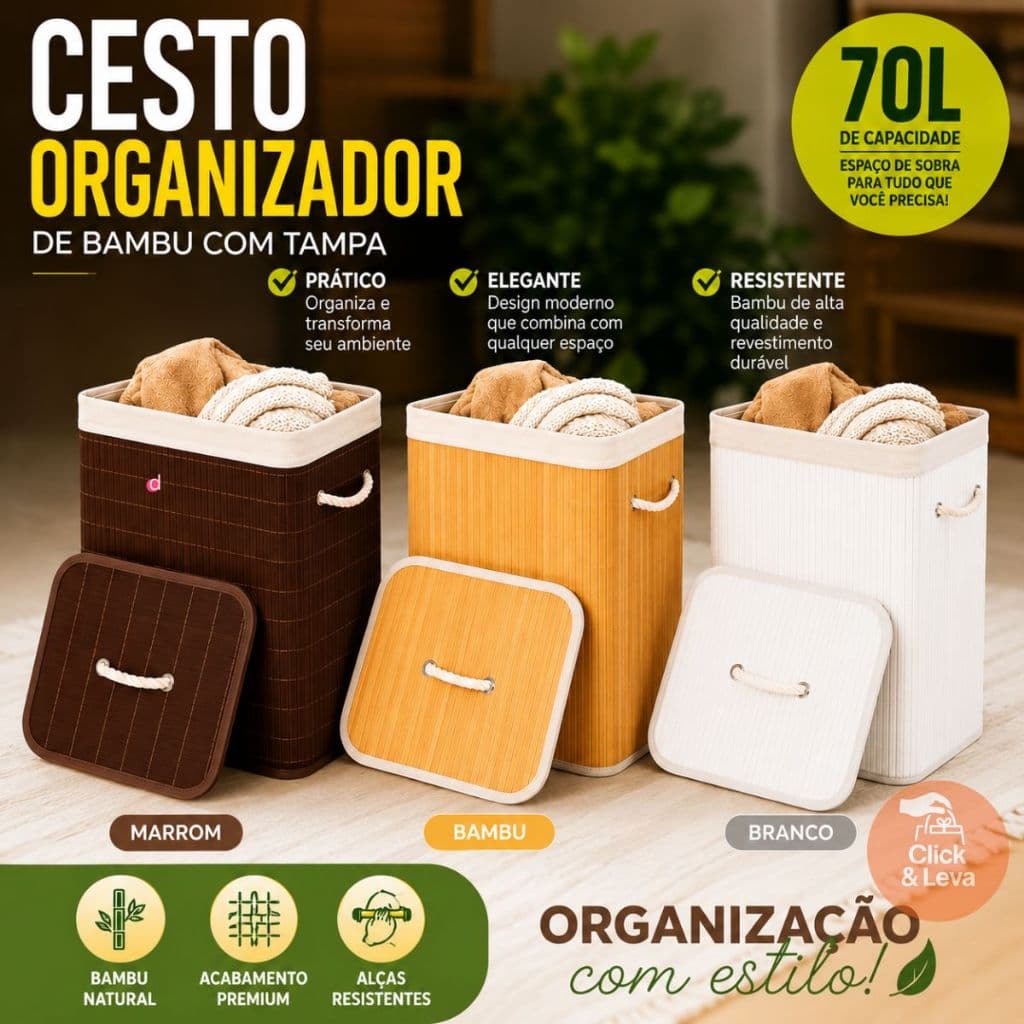 Cesto De Roupa Suja Bambu 70 Litros Organizador Lavanderia Banheiro Quarto Com Tampa Alça Dobrável Grande Branco Marrom