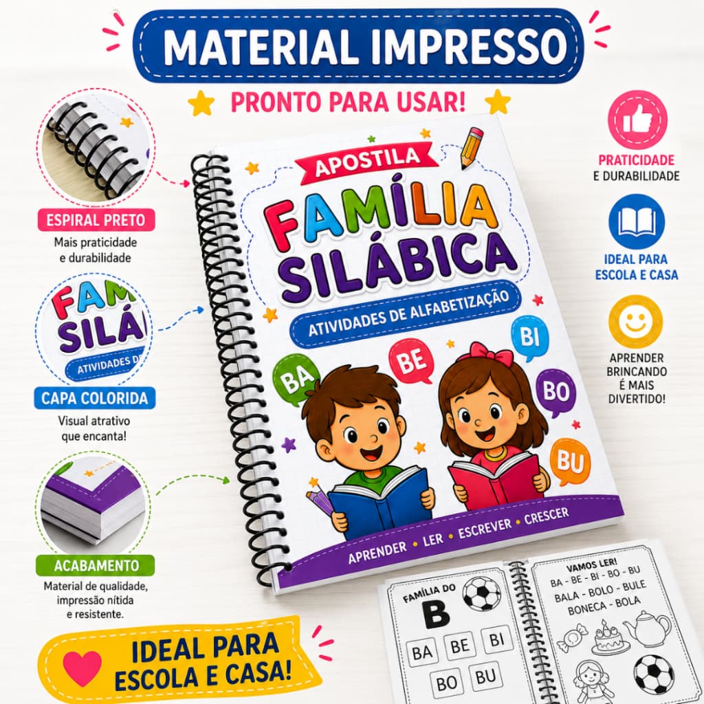 Apostila Família Silábica Impressa Infantil Alfabetização Atividades BA BE BI BO BU