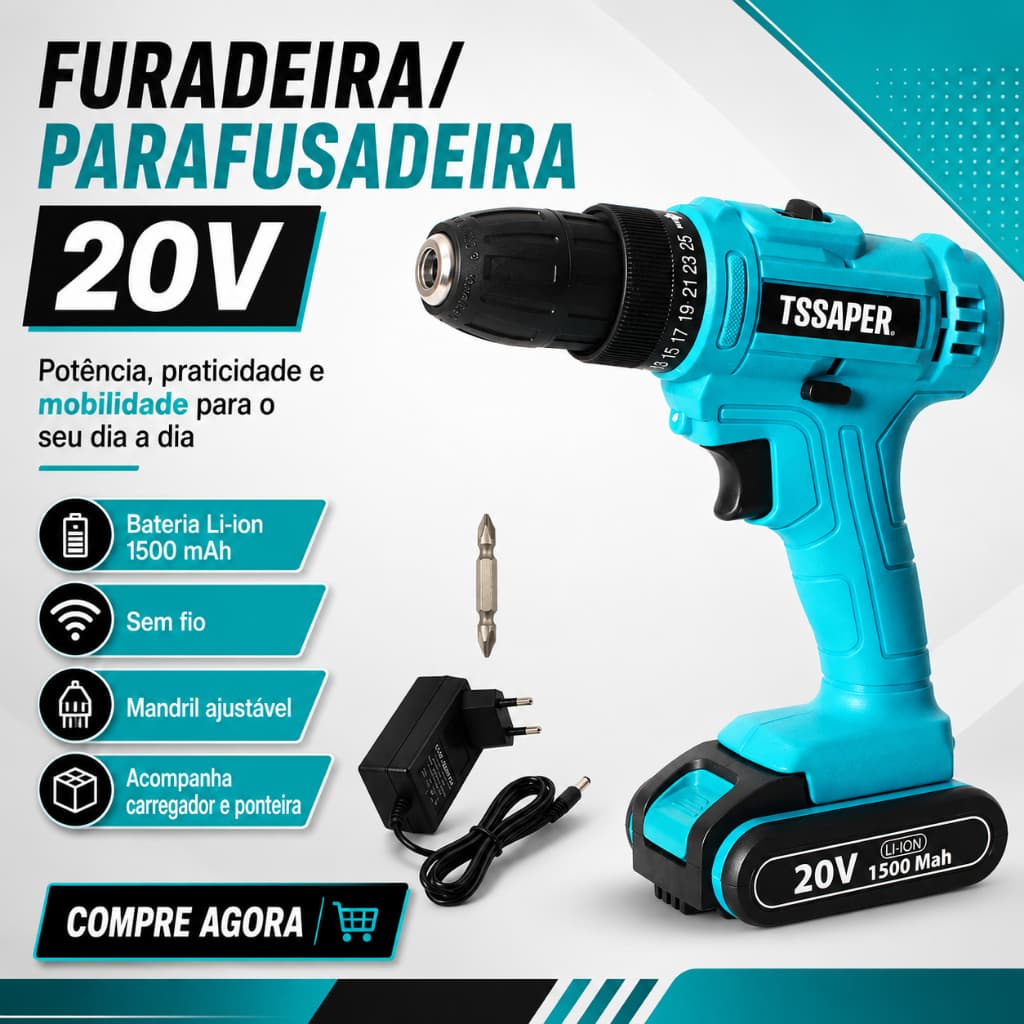 Furadeira Parafusadeira 20V Bateria Lítio 1500mAh Mandril 10mm 32Nm Com Led e Carregador - TSSAPER