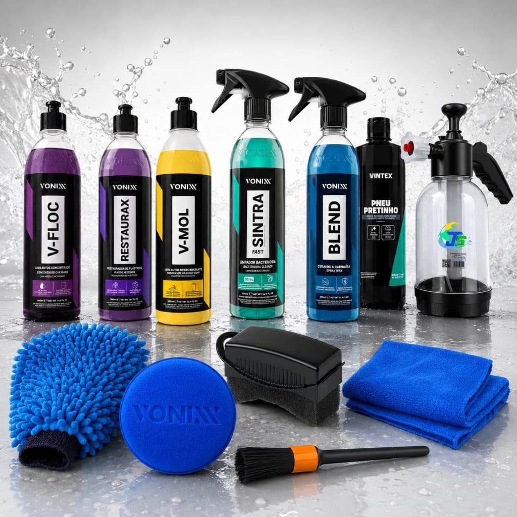 Kit Completo Lavar Carro Rapido Cera Pulverizador 2l Brilho V-Floc V-Mol REstaurax Cera Blend Spray Pneu Pretinho