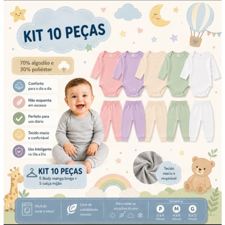 Kit 10 Peças 5 Conjuntos Bebê body e Mijão Canelado Manga Longa Menina Menino