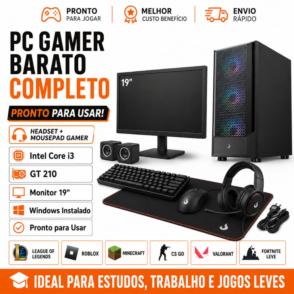 PC Gamer Barato Completo i3 GT 210 Headset Mousepad Gamer Monitor 19 Windows