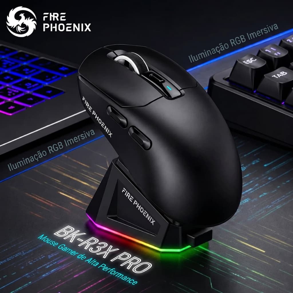 Mouse Gamer Sem Fio Fire Phoenix 24000 DPI RGB 3 Modos Sensor Paw3311 Recarregável
