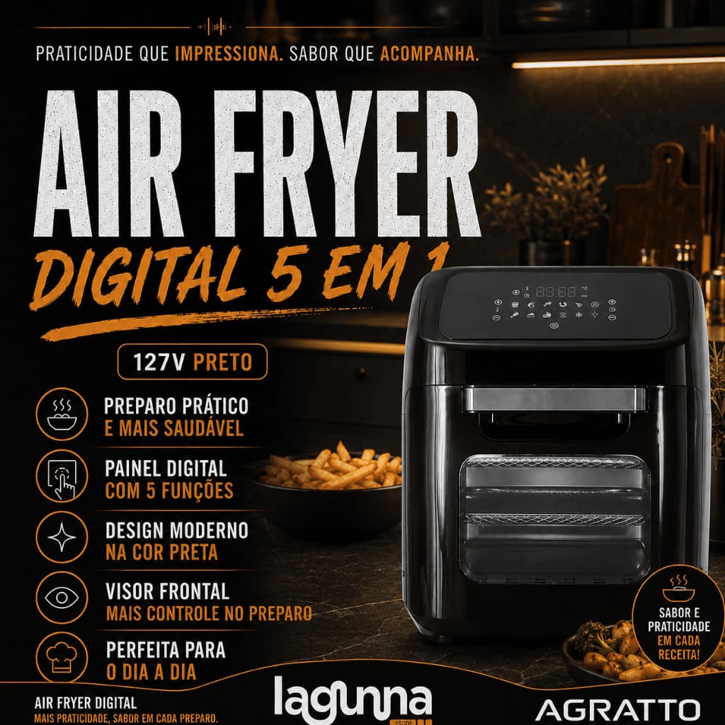 Fritadeira Air Fryer Digital Agratto 5 em 1 Preta 127V Sem Óleo Com Timer Cesto Removível