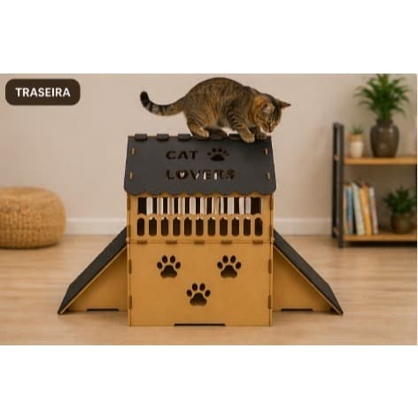 Casinha Gato Grande MDF 2 Andares Toca Arranhador Rampa Lateral Brinquedo Felino Interativo Pet Shop