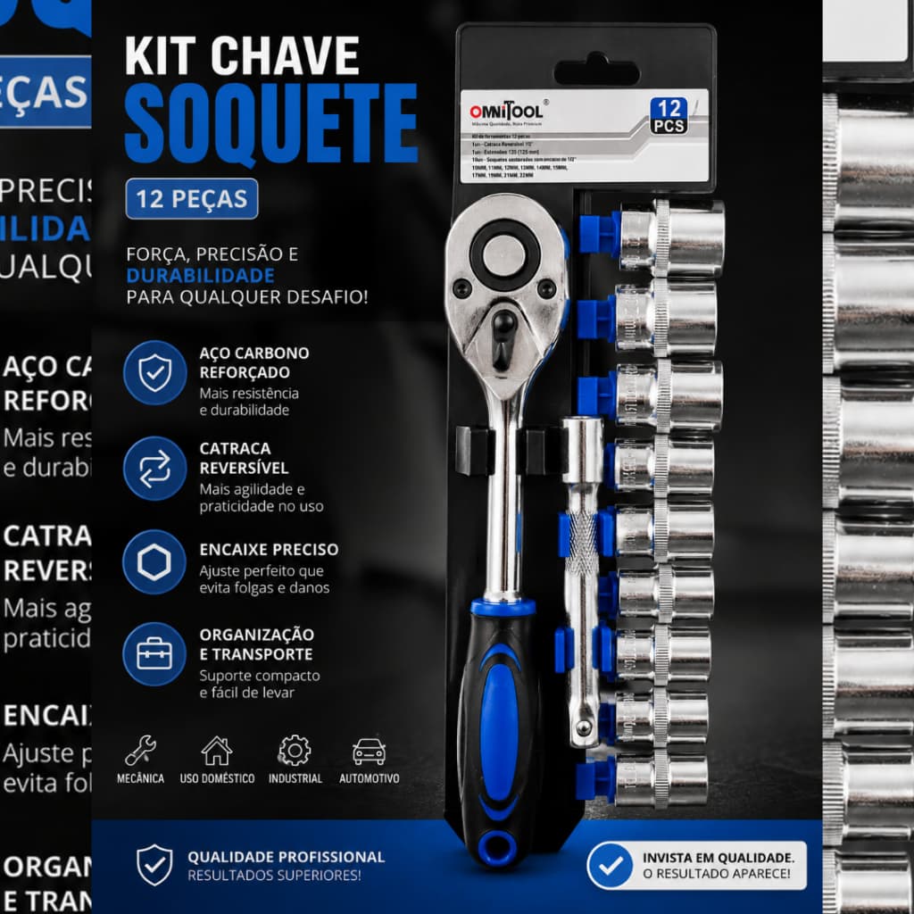 Kit Ferramentas 12 Peças OmniTool com Catraca Reversível 1/2" – Soquetes 10mm a 22mm