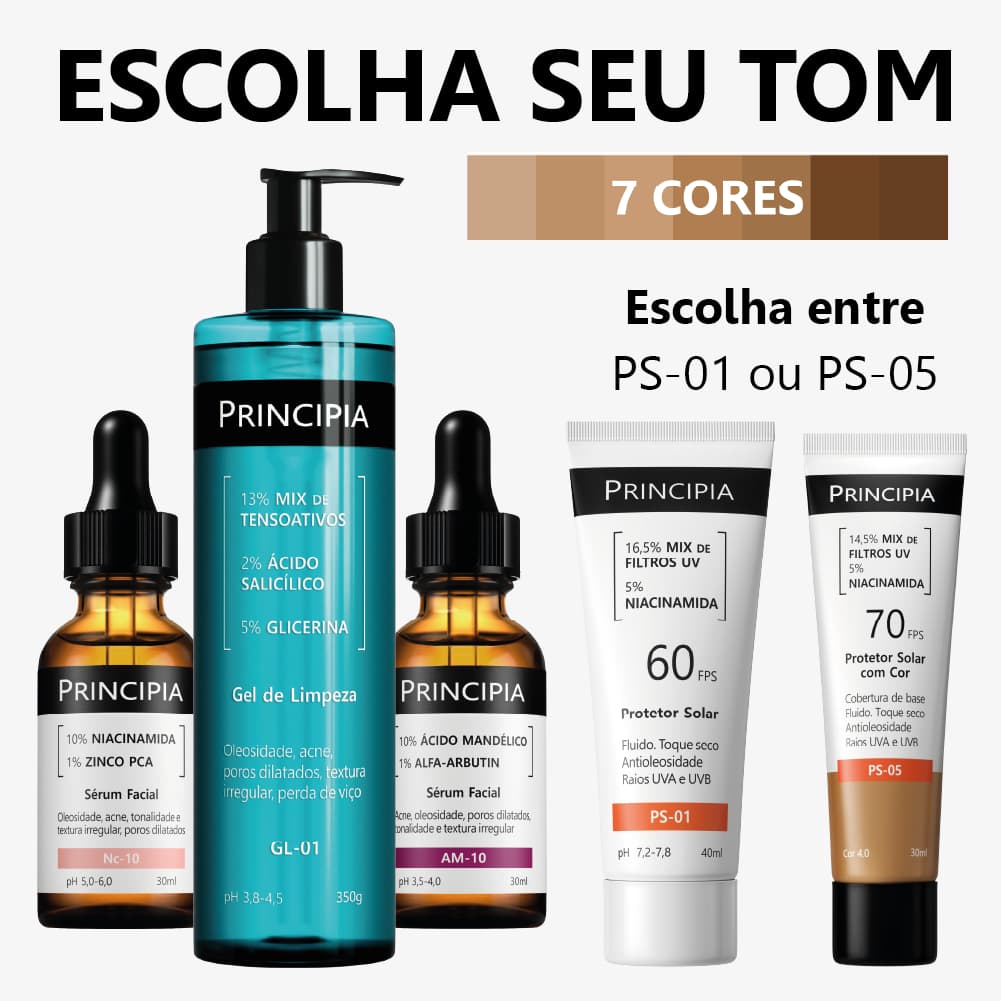 Principia Kit Anti-Manchas Essencial c/ Gel de Limpeza GL-01 + Sérum NC-10 + Sérum AM-10 + Protetor Solar PS-01 FPS60