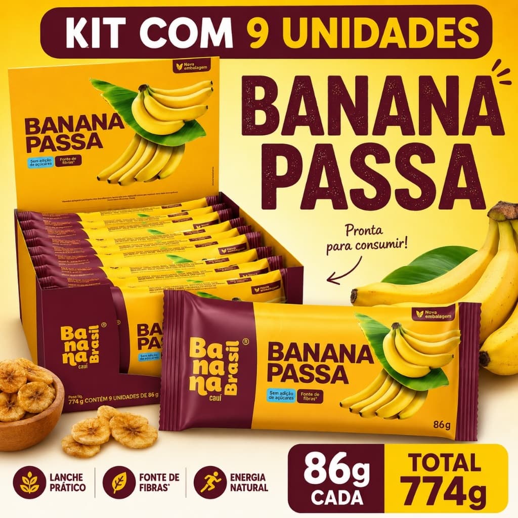 Banana Passa Caixa Com 9 Unidades 86g Cada Total 774g Lanche Saudável Fruta Seca