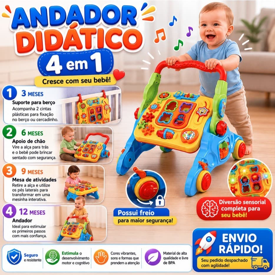 Andador Didático 4 em 1 Infantil Mesa de Atividades Som Empurrador Bebê Multifuncional Envio Rápido