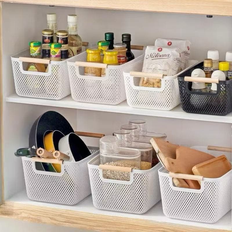 Cesto  plástico Organizador Para Frutas Telado Retangular Branco  preto Fruteira Com Alça De Madeira multiuso