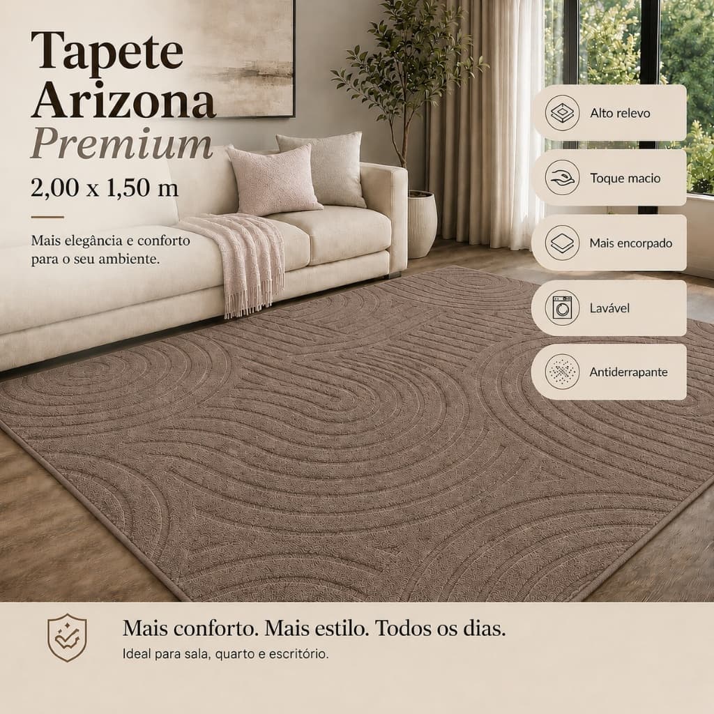 Tapete Sala 2,00x1,50 Alto Relevo Moderno Premium Macio Antiderrapante Quarto Decorativo Marrom Claro