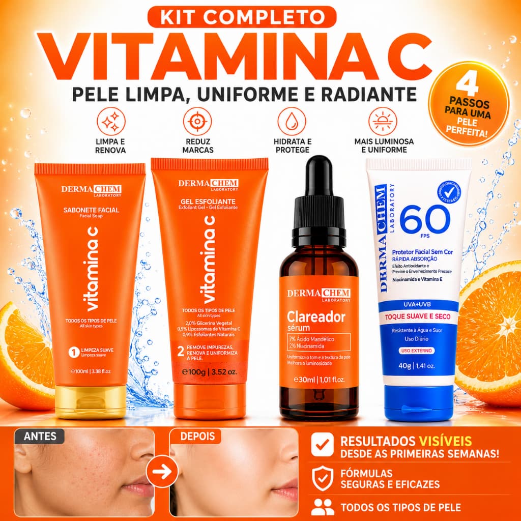 Skincare Vitamina C Dermachem Clareador Sérum Protetor Solar Facial FPS60 Sabonete Gel Esfoliante