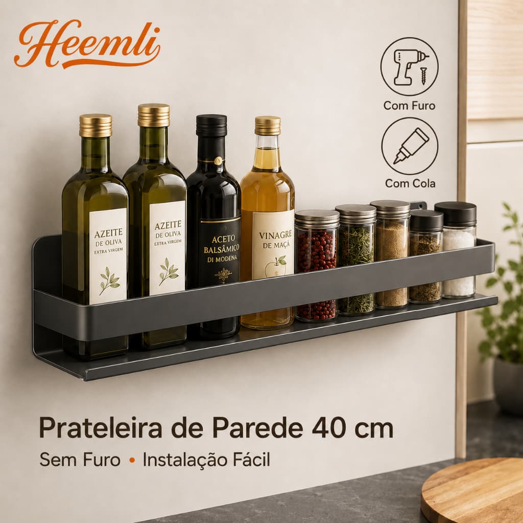 Prateleira sem Furo 40cm Parede Banheiro Cozinha com Cola Organizador Multiuso Heemli