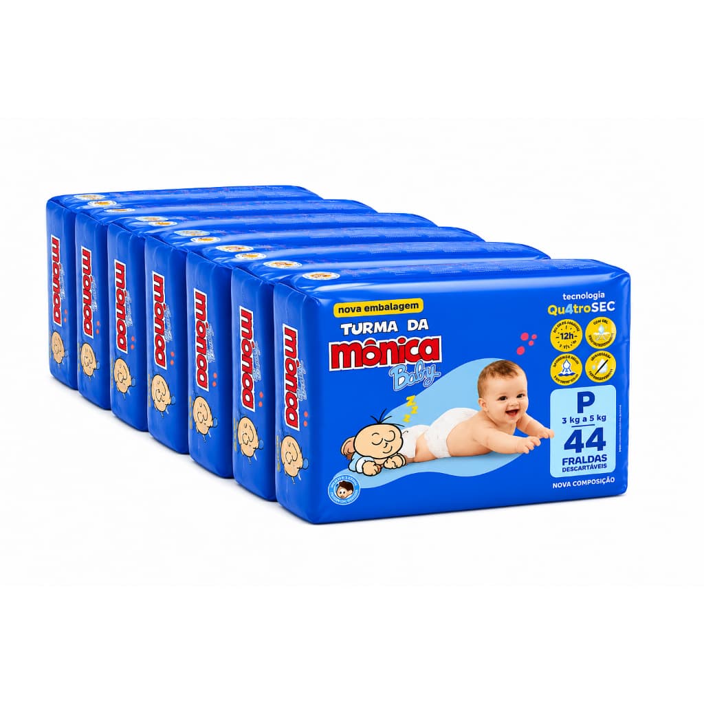 Fraldas Descartáveis Turma da Mônica Baby P ( 3 Kilos a 5 Kilos) Kit 6 Pacotes com 44 Fraldas cada