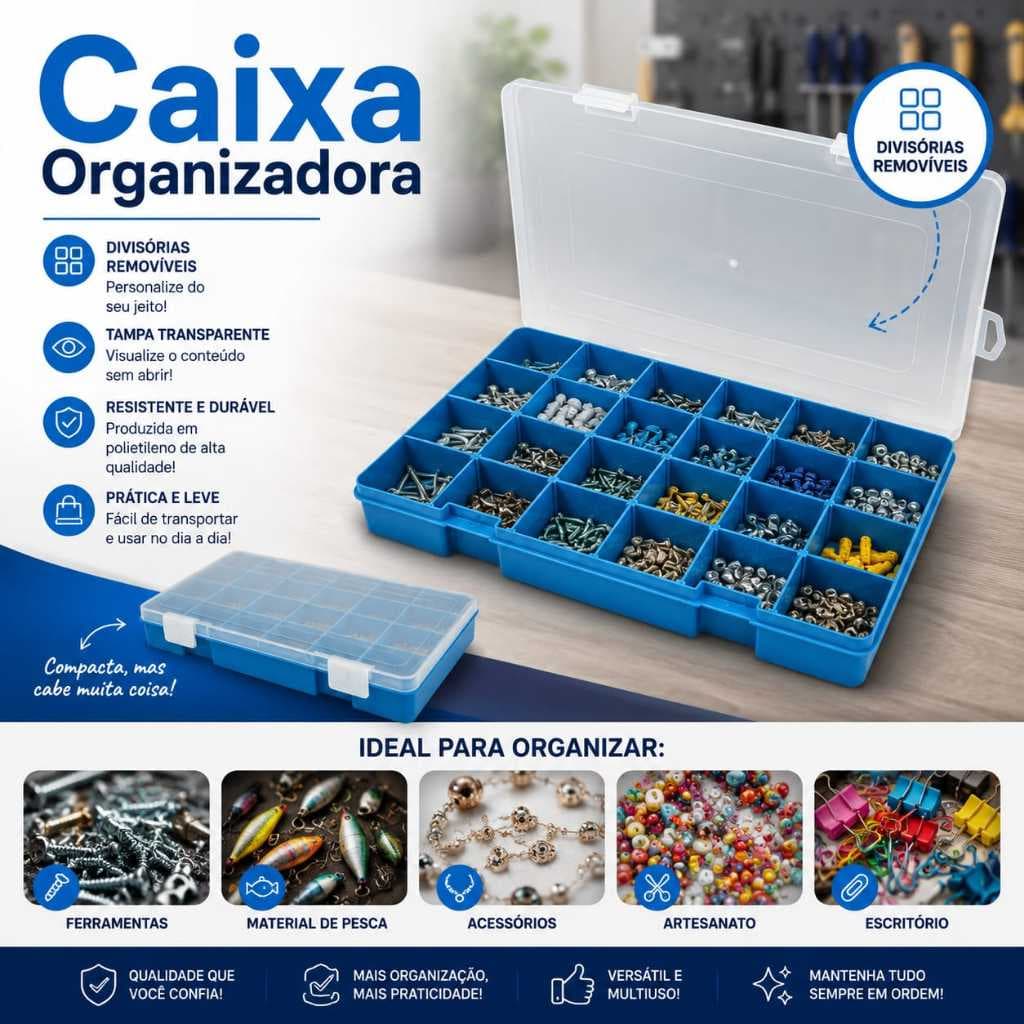 Caixa Organizadora Plástica Tampa Transparente Divisórias Multiuso Ferramentas Parafusos Pesca Artesanato Costura