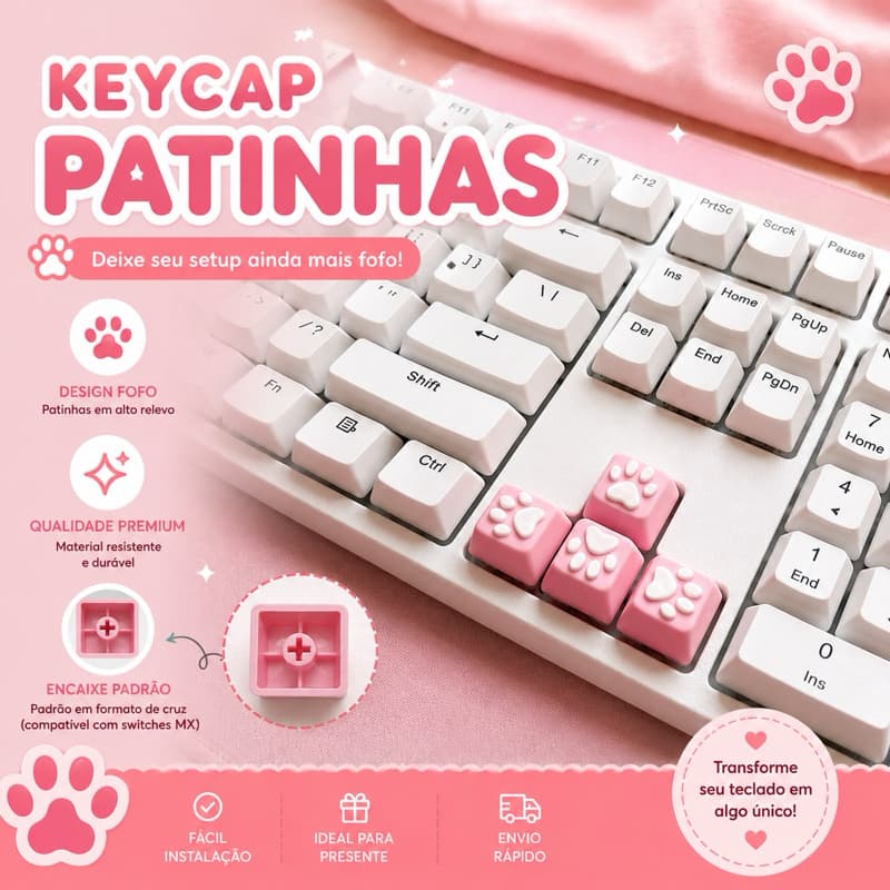 Keycaps Patinha Kawaii para Teclado Mecânico – Teclas Gamer Cute Fofo