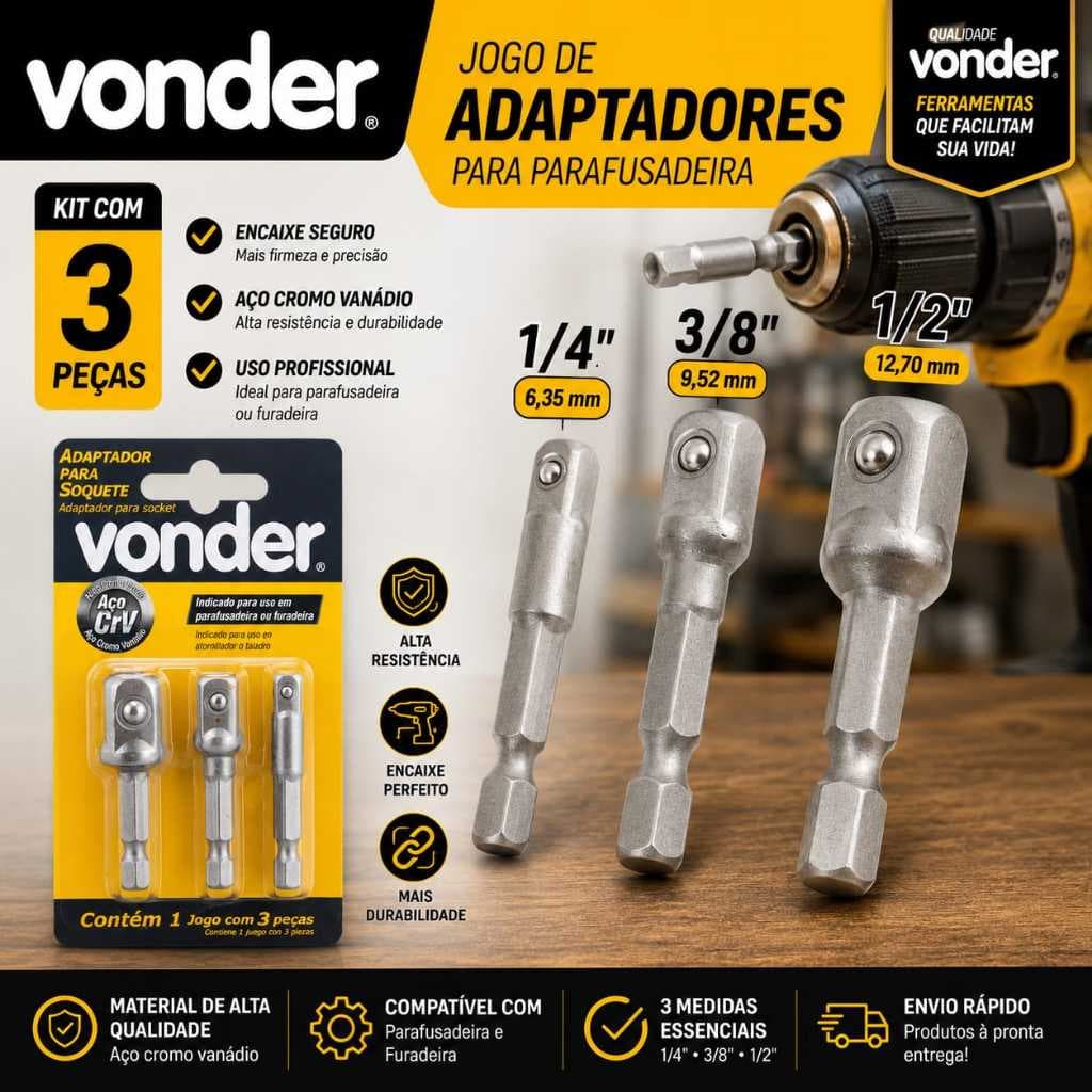 Jogo Adaptador para Soquete Vonder 3 peças para Parafusadeira Profissional