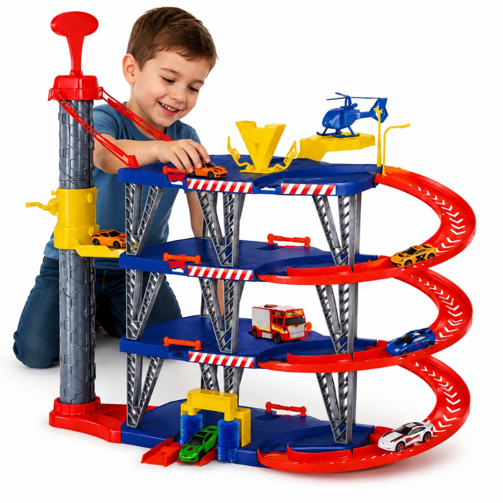 Brinquedo Pista De Carrinho Radical Mega Parking C/Carrinhos Helicóptero Posto Lava Rapido Elevador