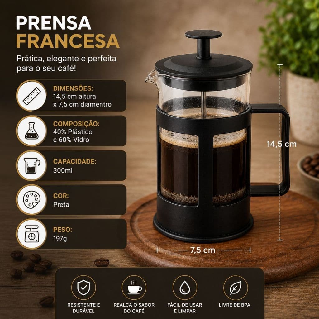 Cafeteira prensa francesa, café fresquinho, capuccino, leite cremoso café expresso, café prático.