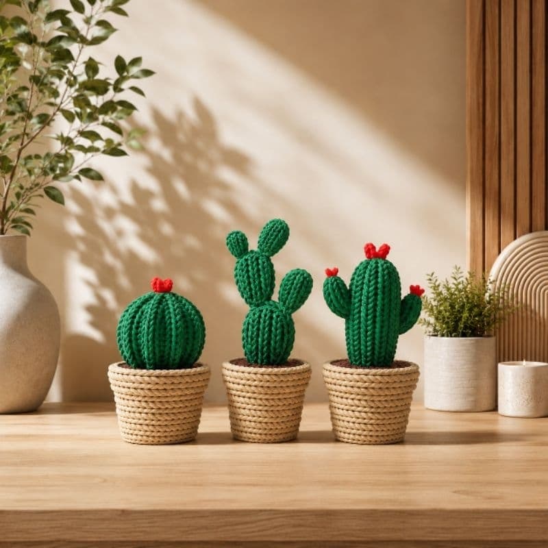 Kit 3 Vasinhos Cactos Decorativos - Estilo Crochê/Amigurumi