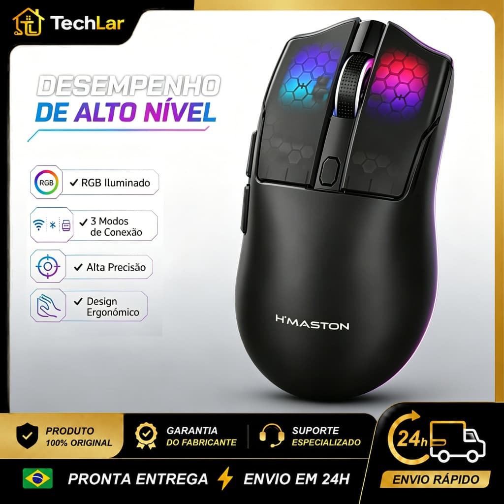 Mouse Gamer RGB Sem Fio MS18 Bluetooth 2.4G USB 12800DPI Recarregável Tipo-C