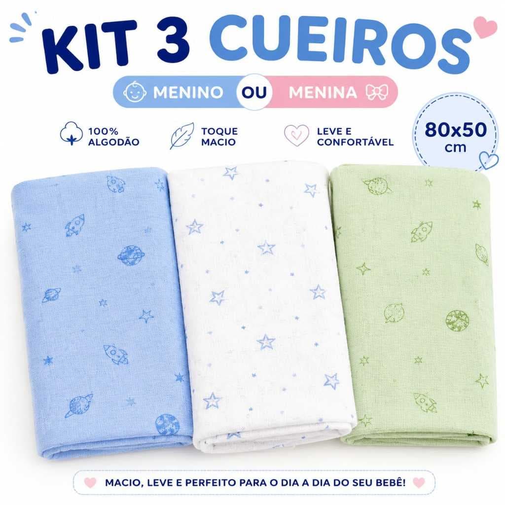 Kit 3 Cueiros Bebê  80x50 Estampados Macio Algodão Enxoval Menino