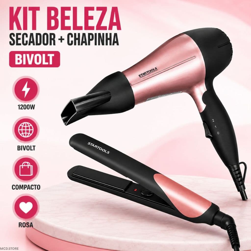 Kit Secador De Cabelo Dobrável 1200W + Chapinha Profissional Bivolt Rosa Portátil Alisamento Alisar E Secar Viagem salão