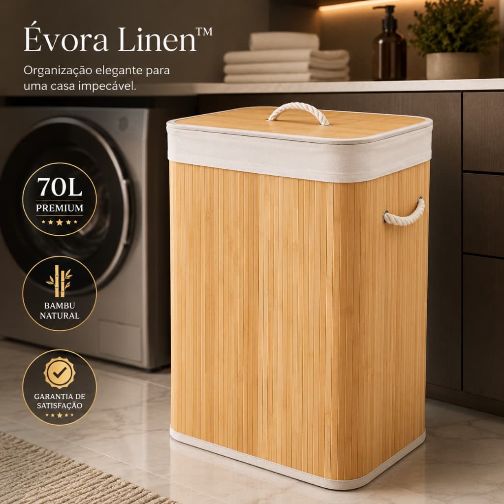 Cesto de Roupa Bambu 70L com Tampa e Alças Organizador Lavanderia Banheiro Quarto Dobrável Decorativo Premium