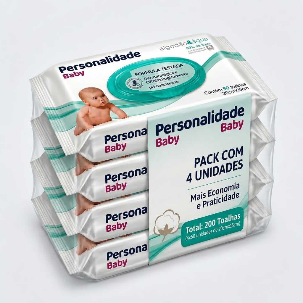 Lenços Toalha Umedecida Personalidade Baby Algodão e Água, 99% Água Recém Nascido, Pack C/4 Pacotes, 200 Unidades
