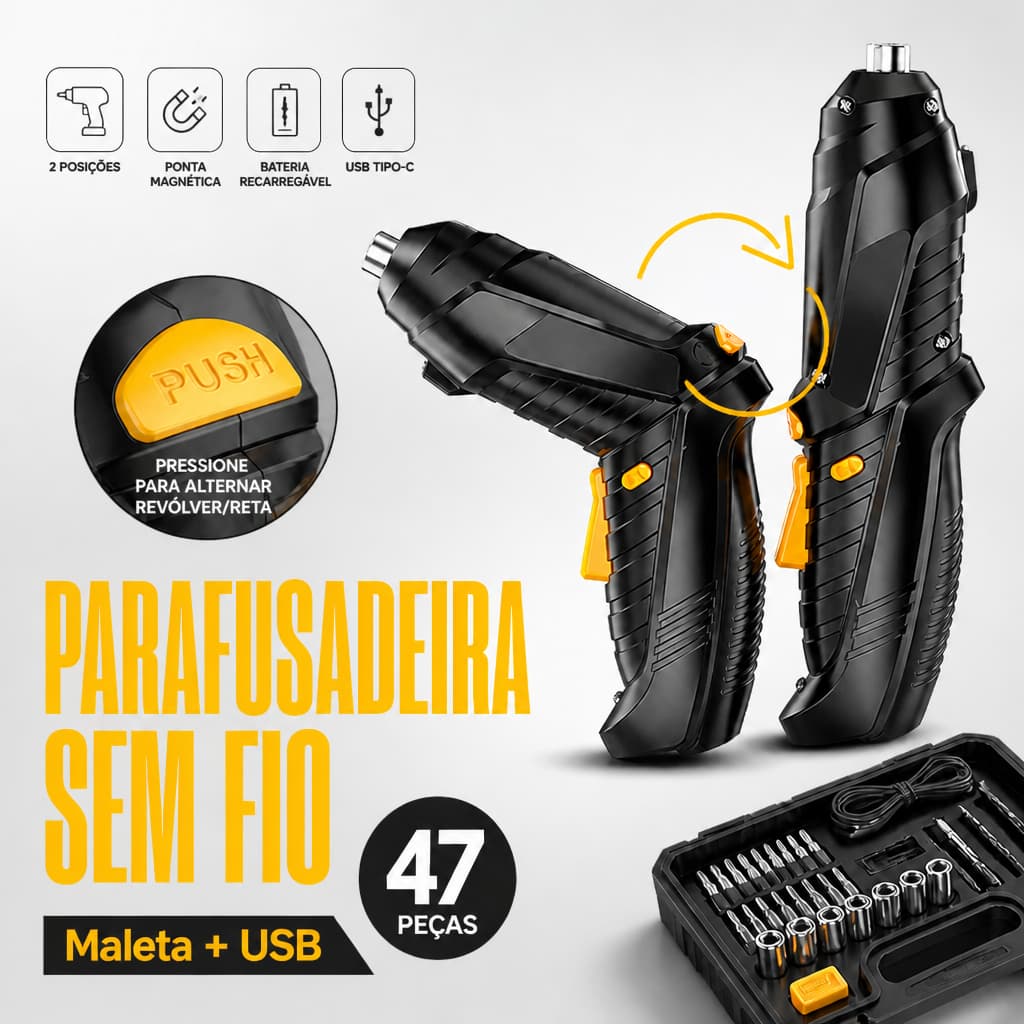 Parafusadeira e Furadeira Sem Fio à Bateria com Kit 47 Peças Carregamento USB Dupla Posição Bivolt