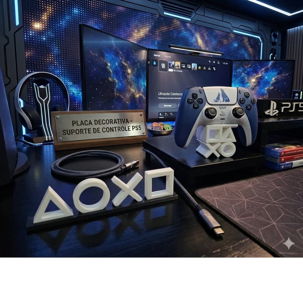 Kit placa decorativa + suporte controle ps5 game video game