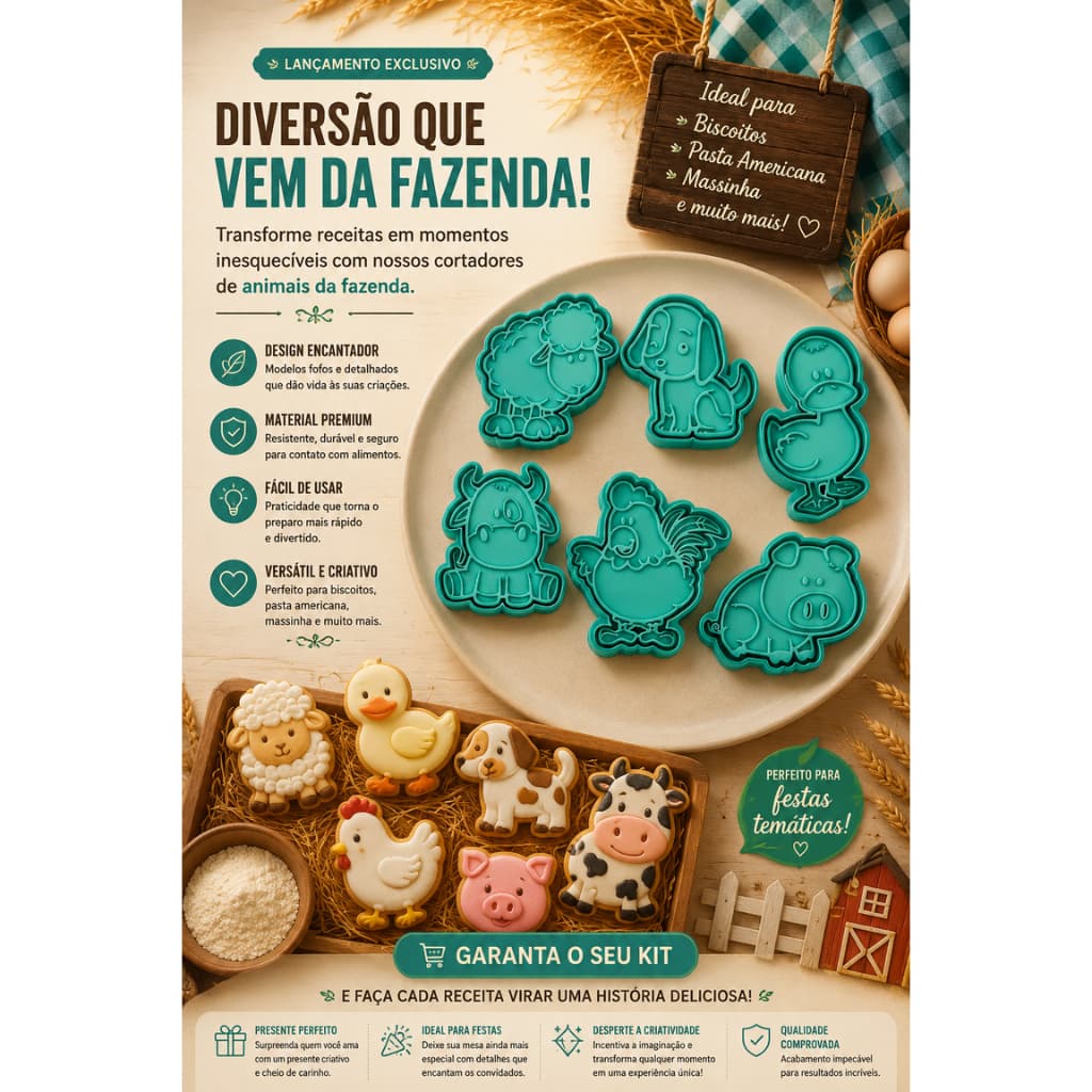 Kit Cortadores Animais da Fazenda | Biscoitos | Cookies | Pasta Americana | Massinha de Modelar – 6 Unidades