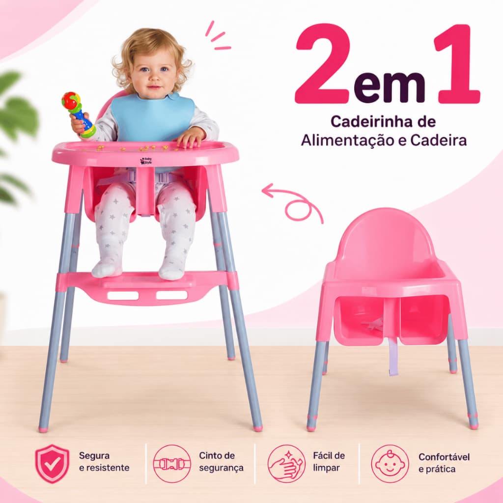 Cadeirão de Alimentação Cadeira Alta Infantil Bebê Bandeja Removível Cinto de Segurança Papa - Rosa, Cinza e Branco
