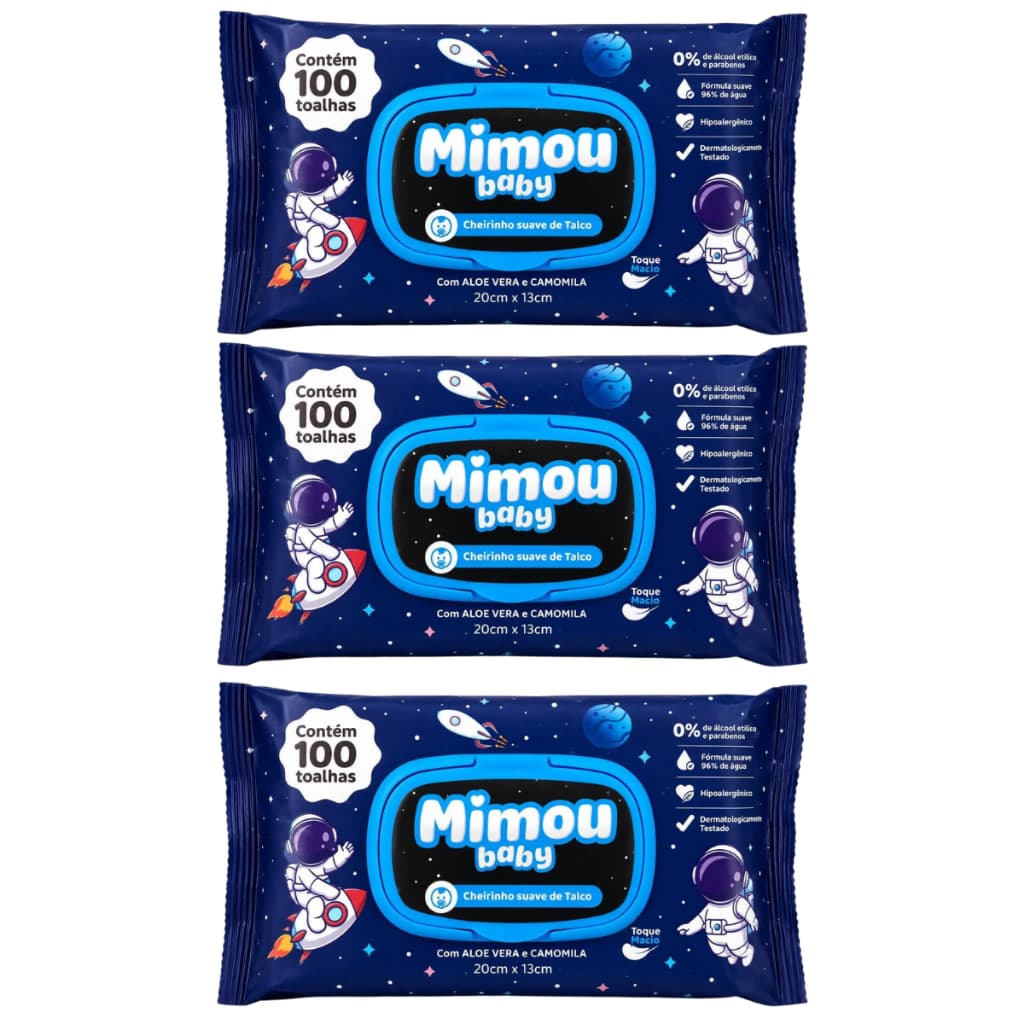 Kit 3 Pacotes Toalhas Umedecidas Sem Álcool 100un Lenços Cheirinho de Talco Mimou Baby