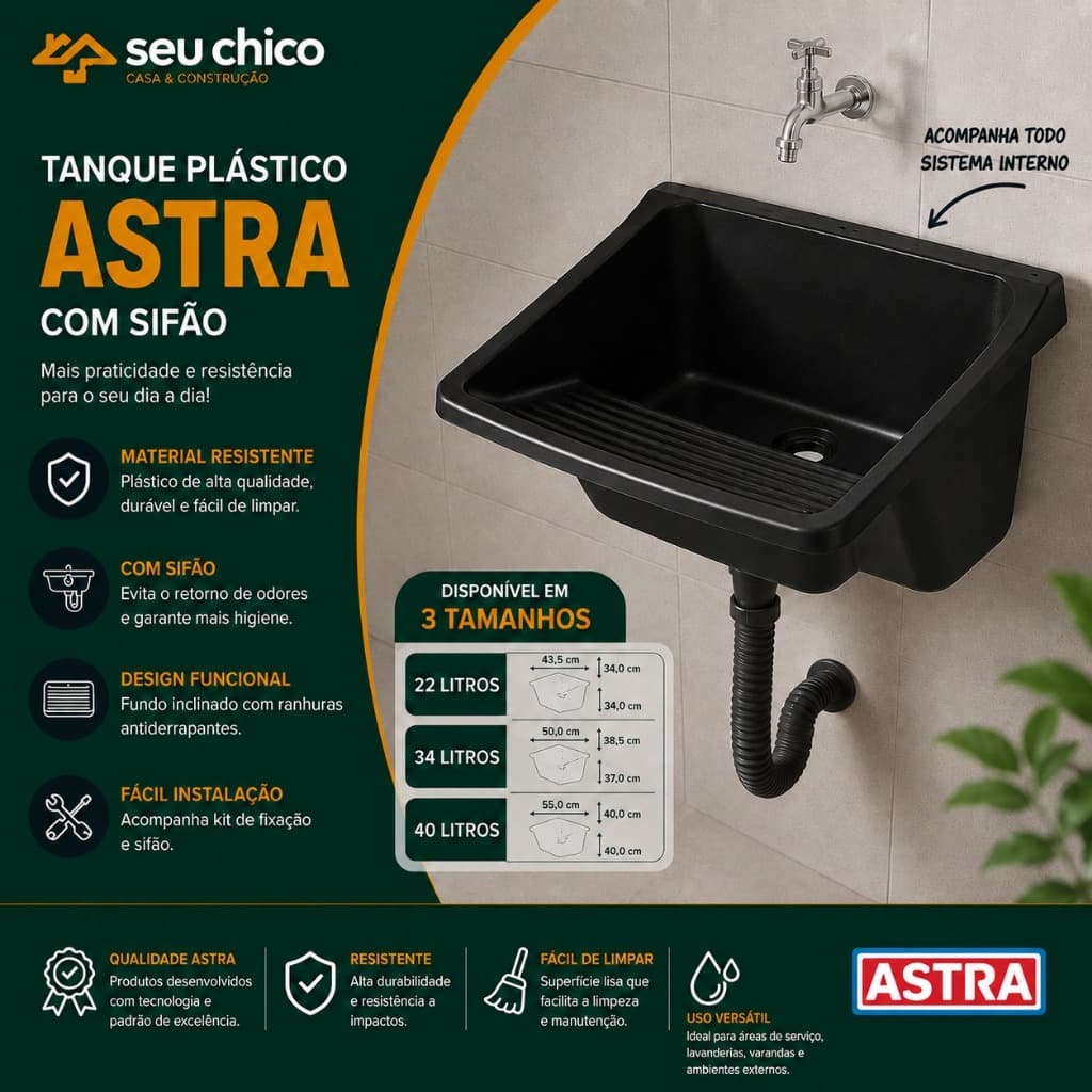 Tanque 40L 34L ou 22L Astra Preto Kit Instalação Completo Válvula e Sifão Pia Lavanderia Lava Roupa