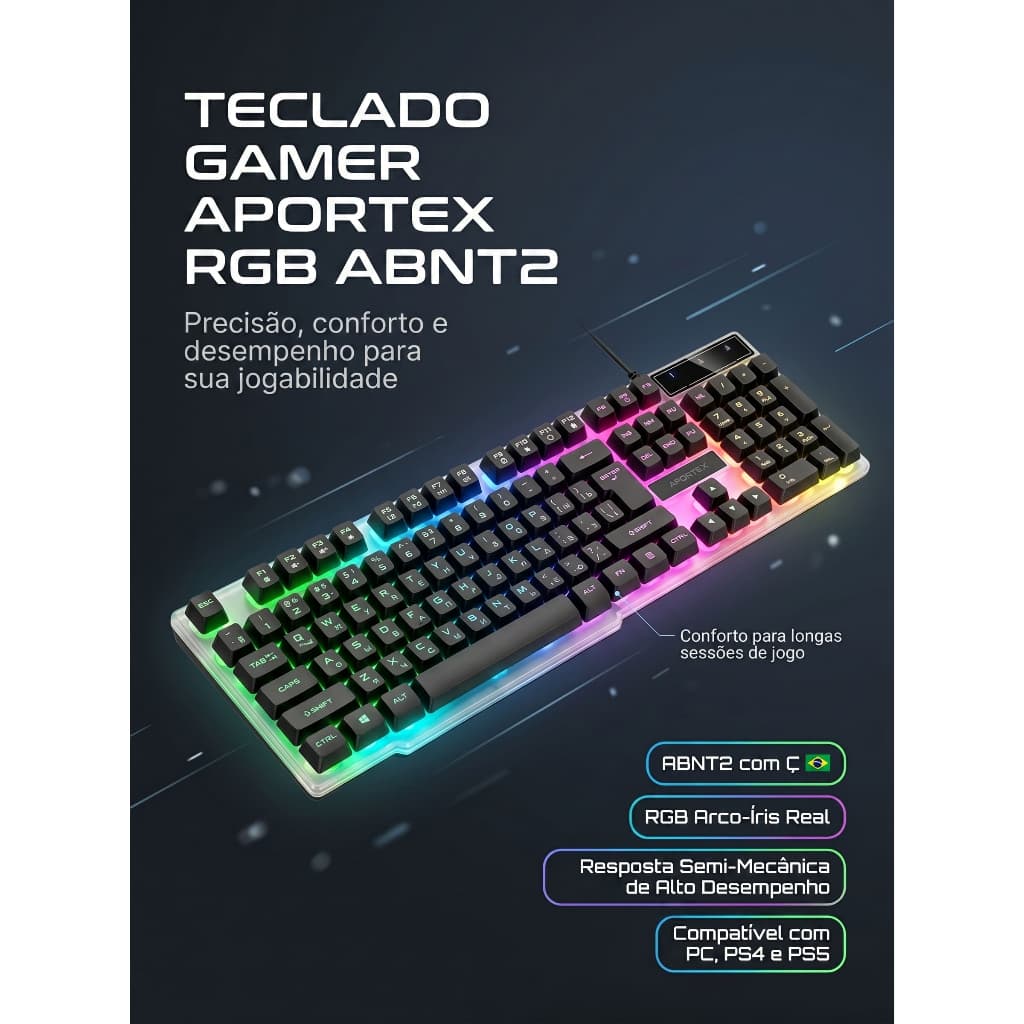 Teclado Gamer Aportex RGB ABNT2 Semi Mecânico USB PC PS4 PS5 Silencioso LED Rainbow