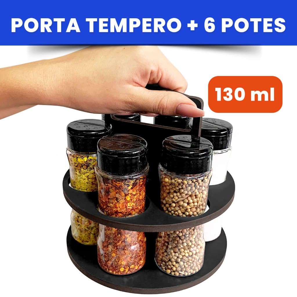 Porta Temperos Condimentos Redondo 6 Potes 130ml Tampa Dupla + Etiquetas