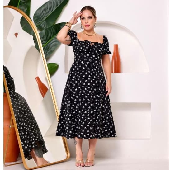 Vestido Femenino Midi Estampa Floral, con Bojo e Manga Bufante, Conforto e Elegancia