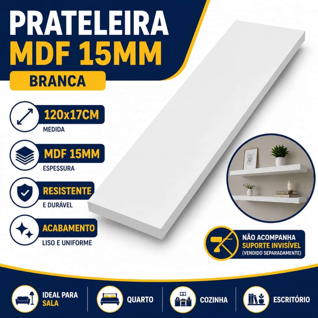 Prateleira MDF Branca 120x17cm 15mm Lisa para Nicho Parede Decoração (Não Acompanha Suporte Invisível)