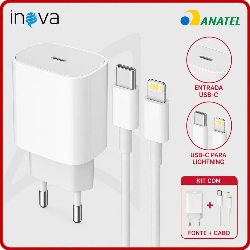 Carregador Inova Original Rápido 20W Tipo C Com Cabo USB-C Lightning Compatível iPhone