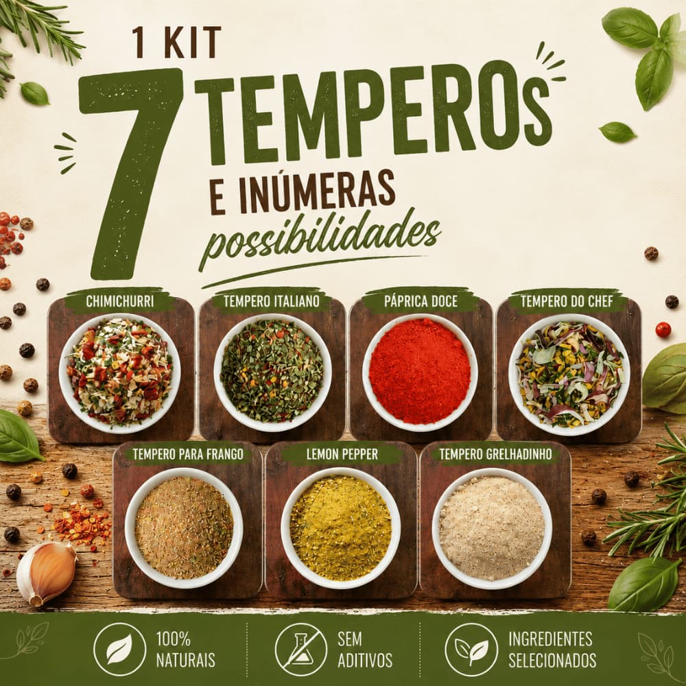 Kit Páprica Doce + Lemon Pepper + Tempero do Chef + Chimichurri + Grelhadinho + Tempero Italiano + Tempero Frango Assado