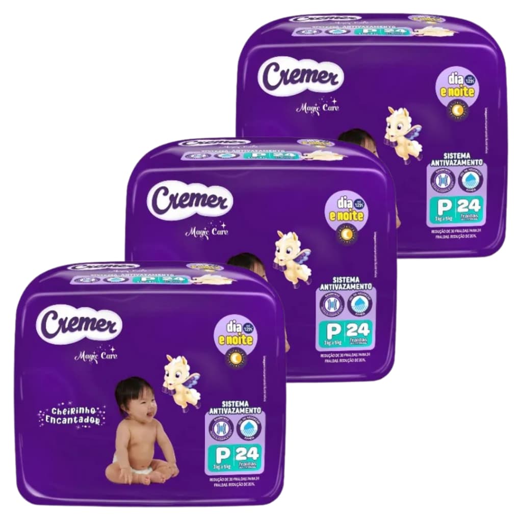 Fralda Descartável na Promoção Kit com 3 Pacotes Cremer Magic Care Jumbinho Tam. P - 72 Unidades