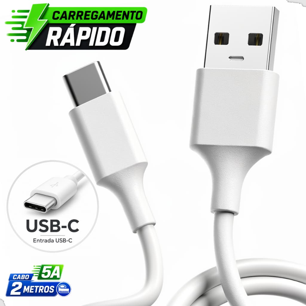 Cabo Tipo C 5A 2 Metros Carregamento Rápido USB-C Transferência de Dados