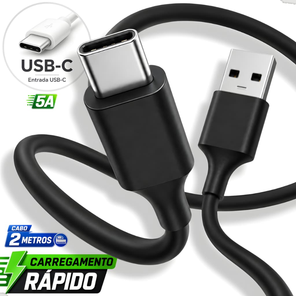 Cabo Carregador Tipo C 5A 2 Metros USB para Celular Carregamento Rápido Reforçado Androi