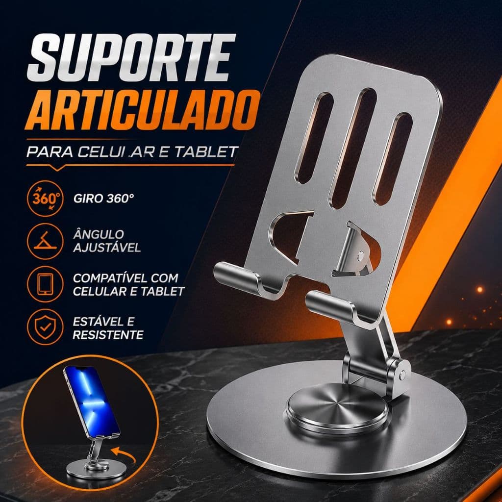 Suporte de Mesa Metal para Celular e Tablet 360° Articulado Dobrável | iPhone Android Giratório