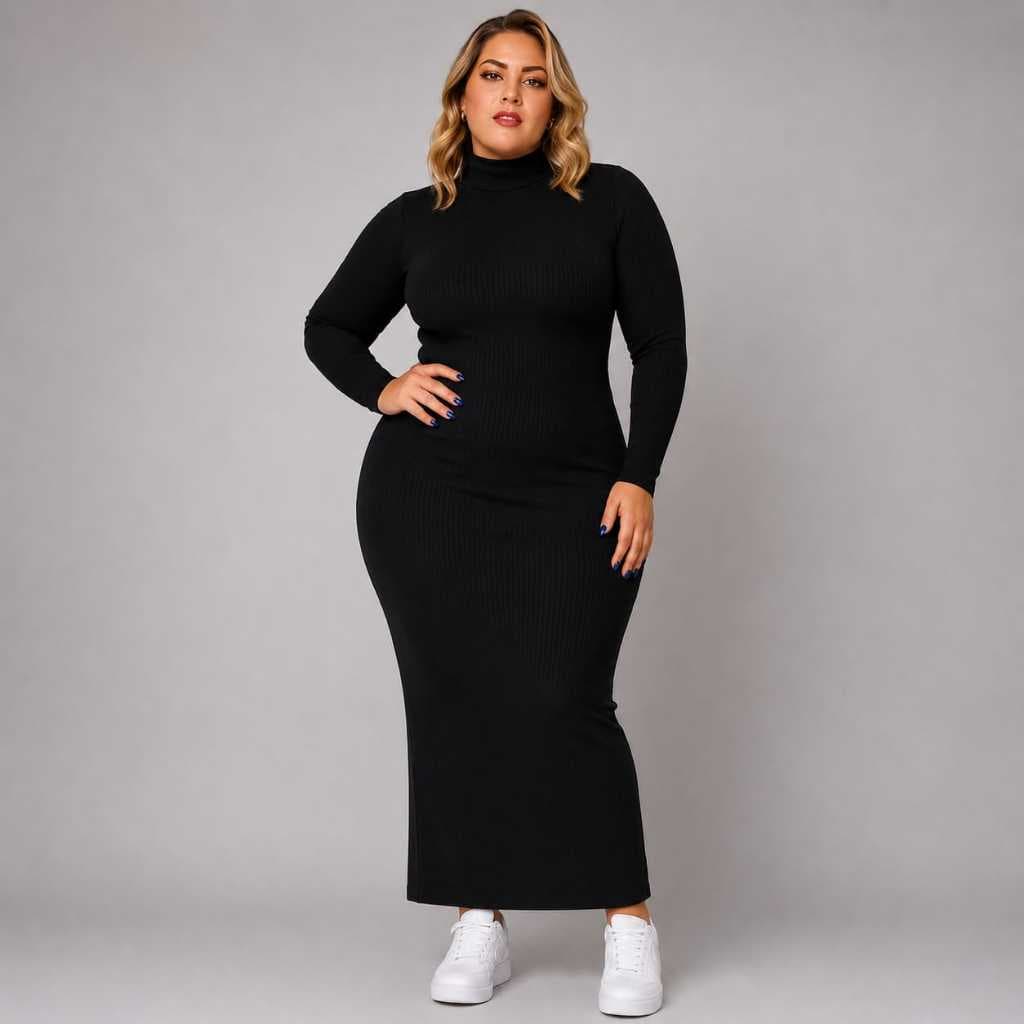 Vestido Plus Size Longo Feminino em Ribana Marrom com Gola Alta